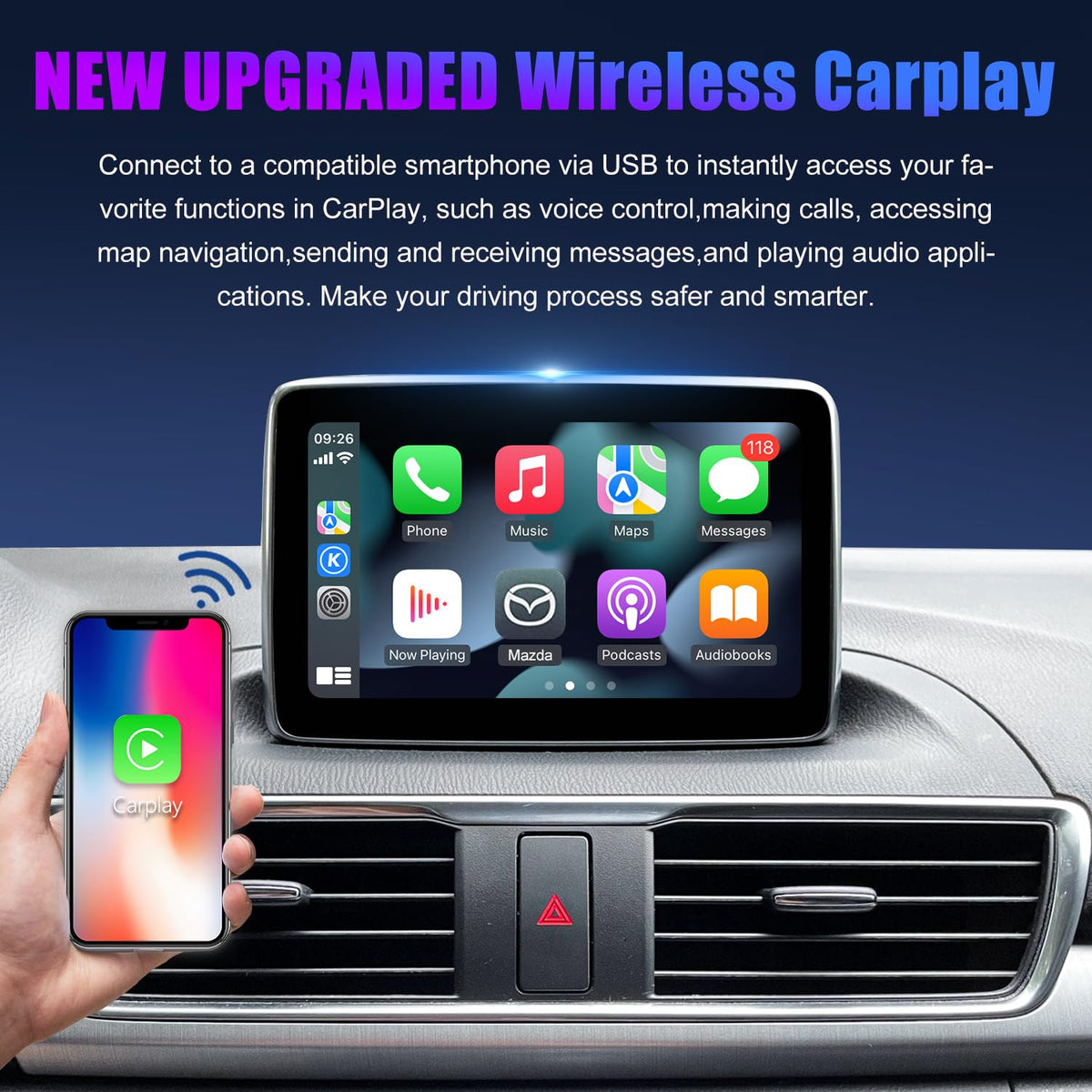 HMYC Mazda CarPlay connects iPhone for maps, calls, and notifications.