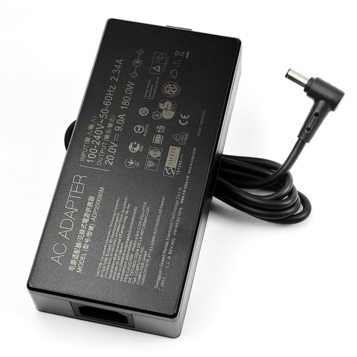 HNHTKJ adapter label close-up showing voltage specs and benefit of correct match