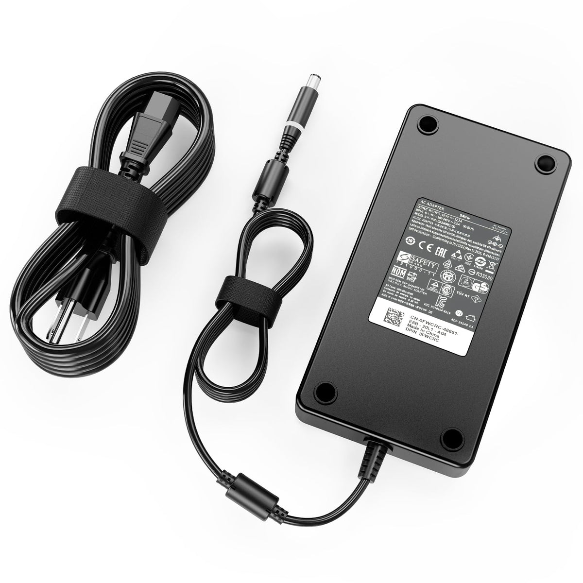 HNHTKJ adapter side profile with label illustrating voltage rating and safety markings