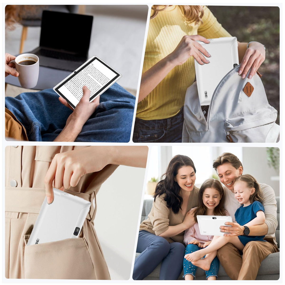 HNVHNV tablet with charger and earbuds in a lifestyle scene showing all-in-one convenience