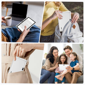 HNVHNV tablet with charger and earbuds in a lifestyle scene showing all-in-one convenience
