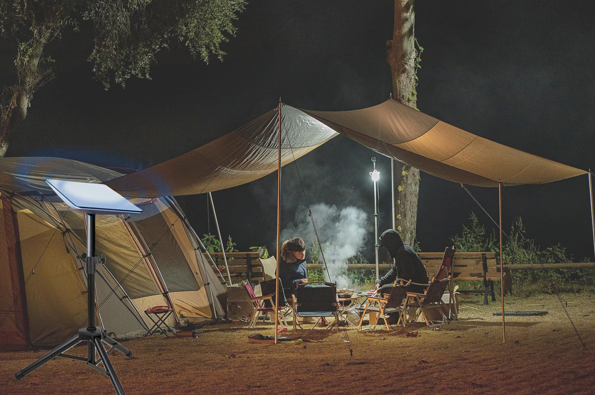 Hocoder tripod camping lifestyle setup showing dish deployed for reliable connectivity benefit