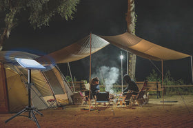 Hocoder tripod camping lifestyle setup showing dish deployed for reliable connectivity benefit