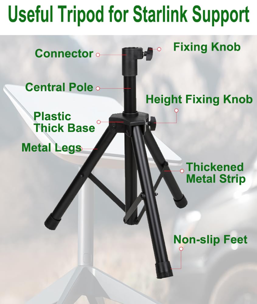 Hocoder tripod mounted with Starlink dish demonstrating secure connection for outdoor internet benefit
