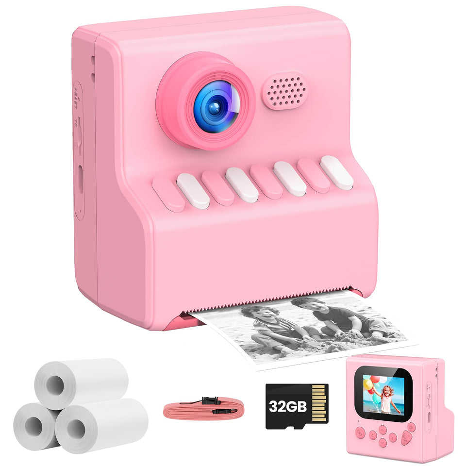 HODDRCCN Kids Camera pink front view for on-the-go instant printing