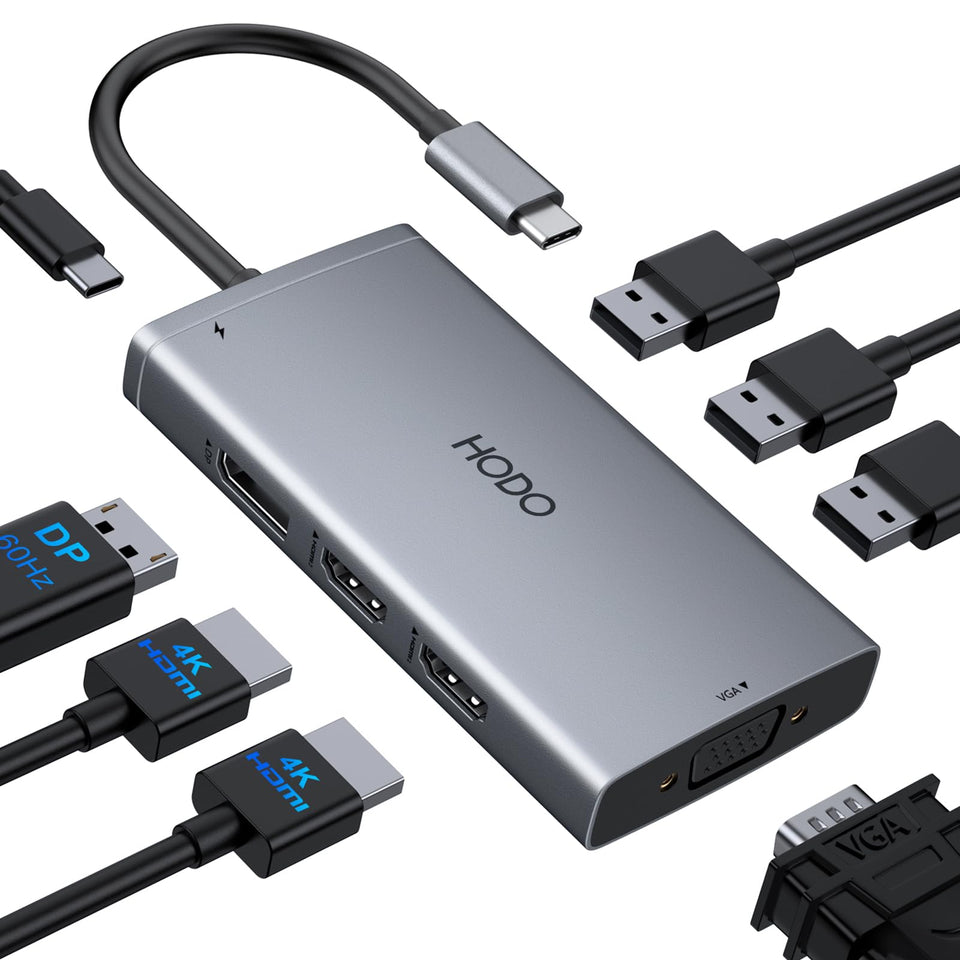 HODO docking station front view showing ports and compact design for desk efficiency