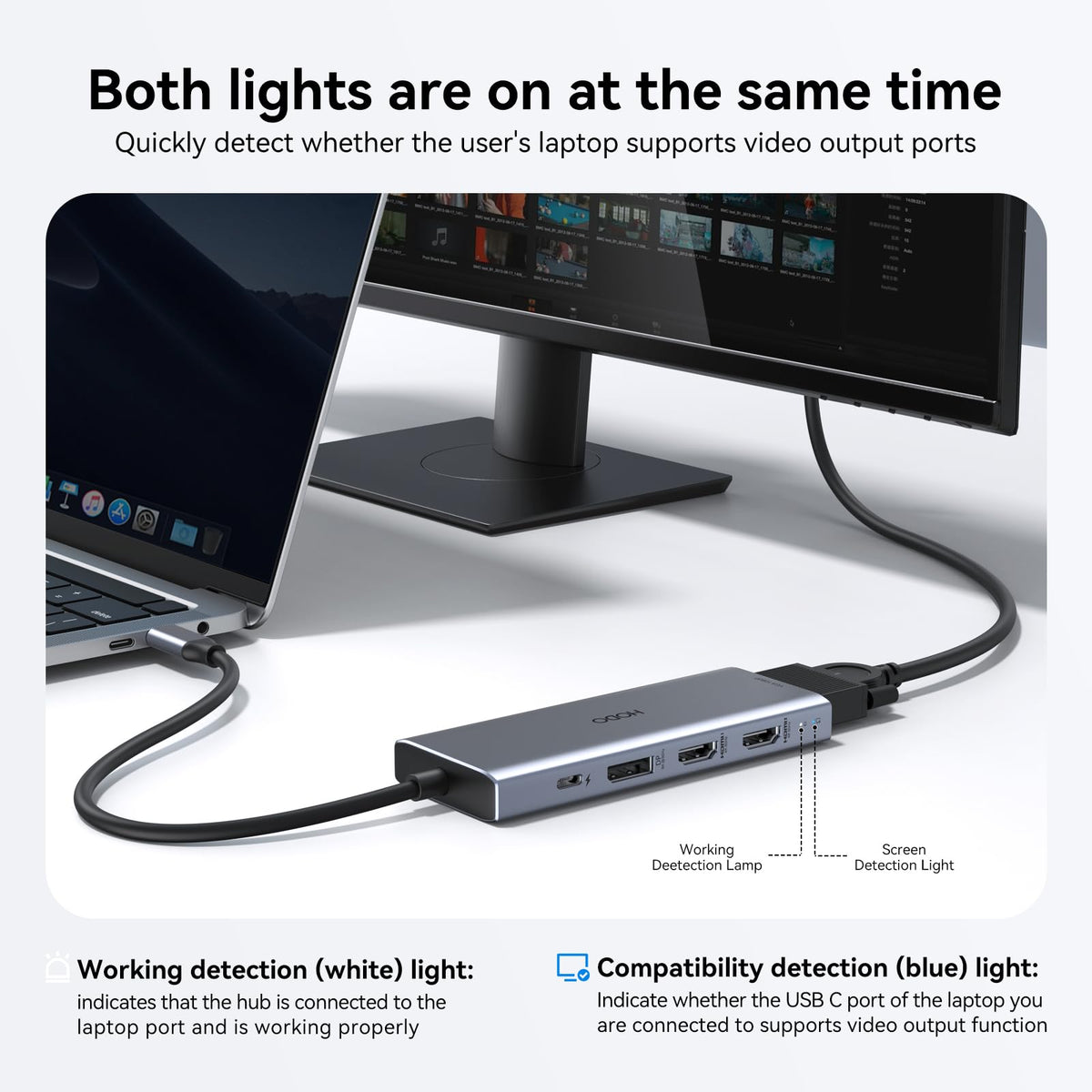 HODO dock next to laptop for scale showing compact size and travel-friendly footprint