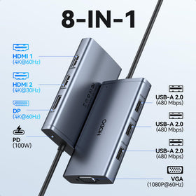 HODO close-up of top ports highlighting HDMI, DP, VGA and 100W PD benefit