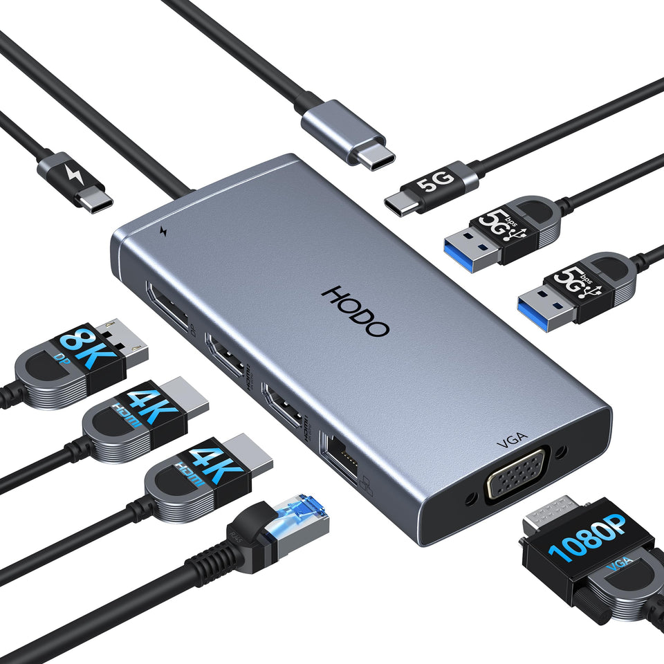 HODO docking station front ports showing multiple video outputs for flexible setups