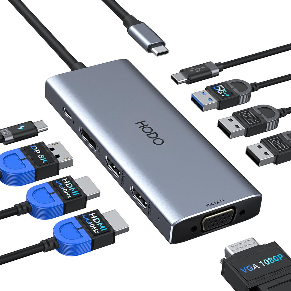 HODO docking station front view showing ports and compact design for desktop convenience