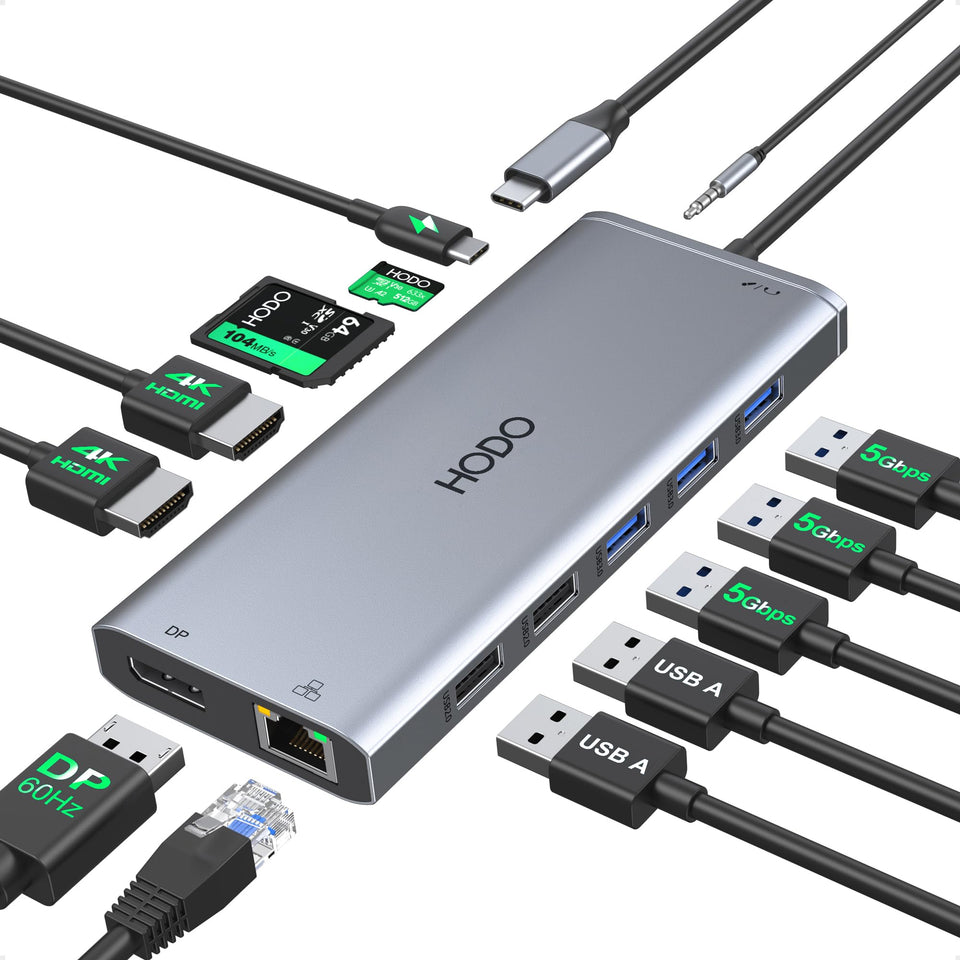 HODO docking station front view showing all ports and compact design benefit