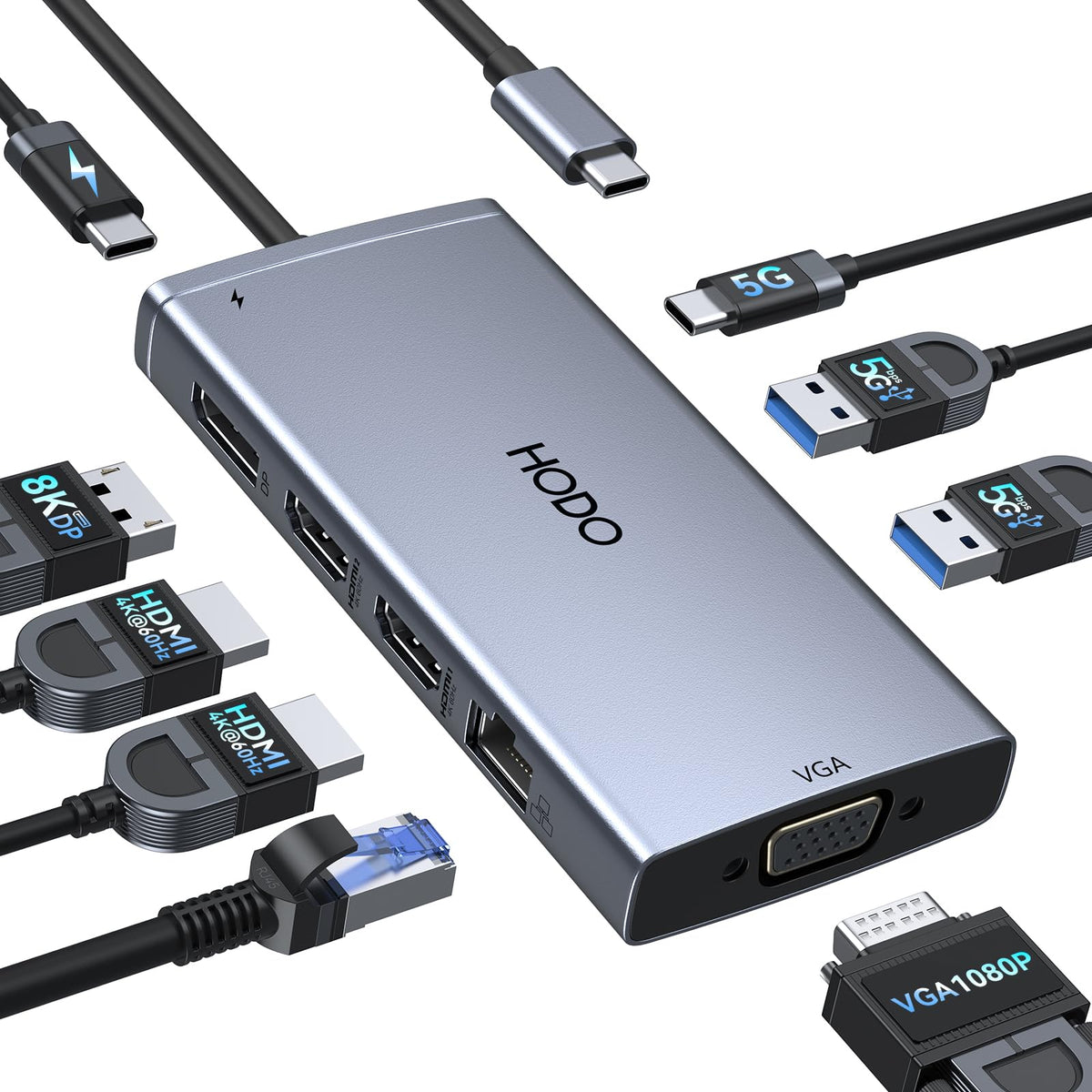 HODO docking station front view showing all ports and compact design for tidy workspaces