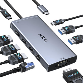 HODO docking station front view showing all ports and compact design for tidy workspaces
