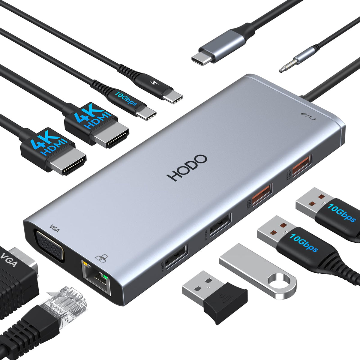 HODO front view docking station showing all ports and tidy setup
