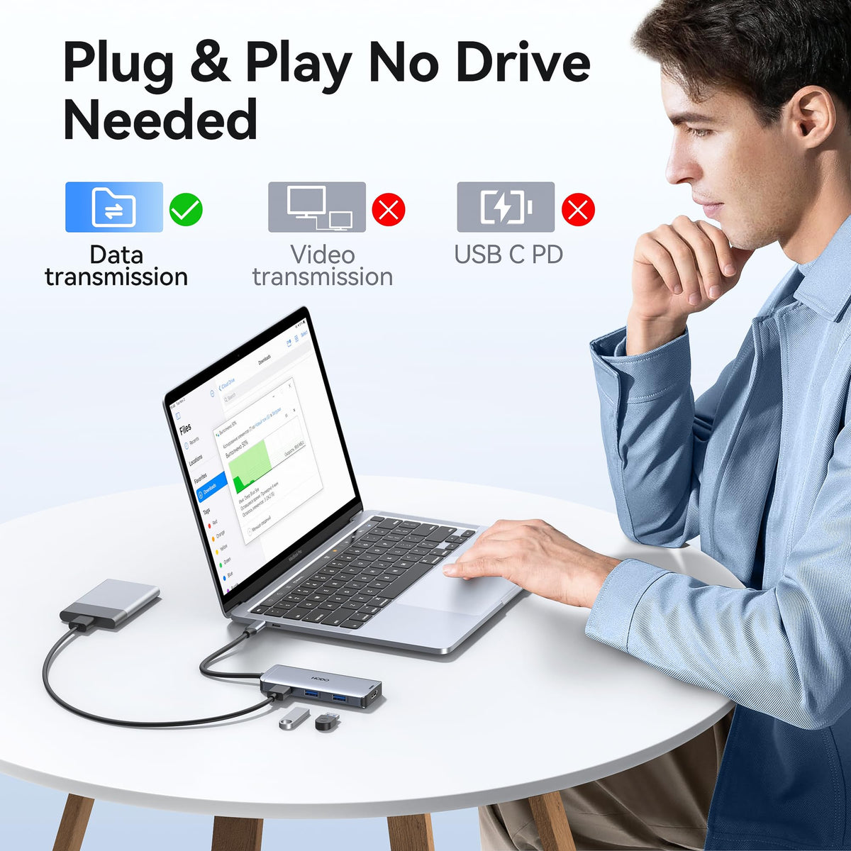 HODO hub next to MacBook to show size and portability for travel convenience