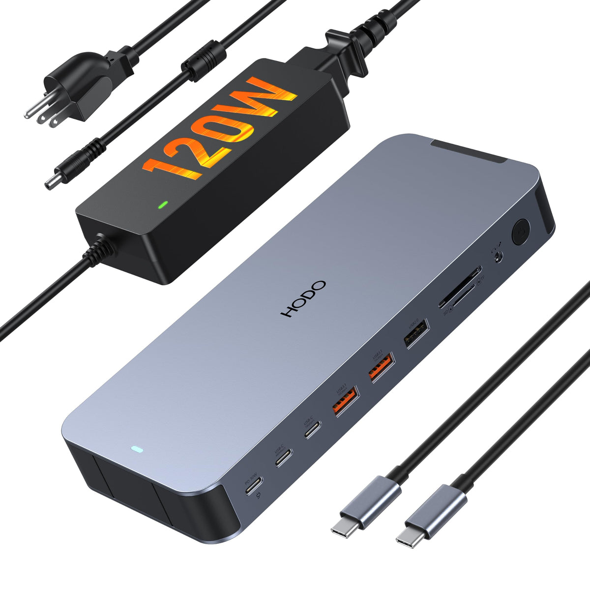 HODO laptop docking station with 120W PD charging powering a laptop