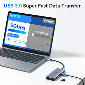 HODO PD charging cable connected illustrating up to 87W laptop charging via dock