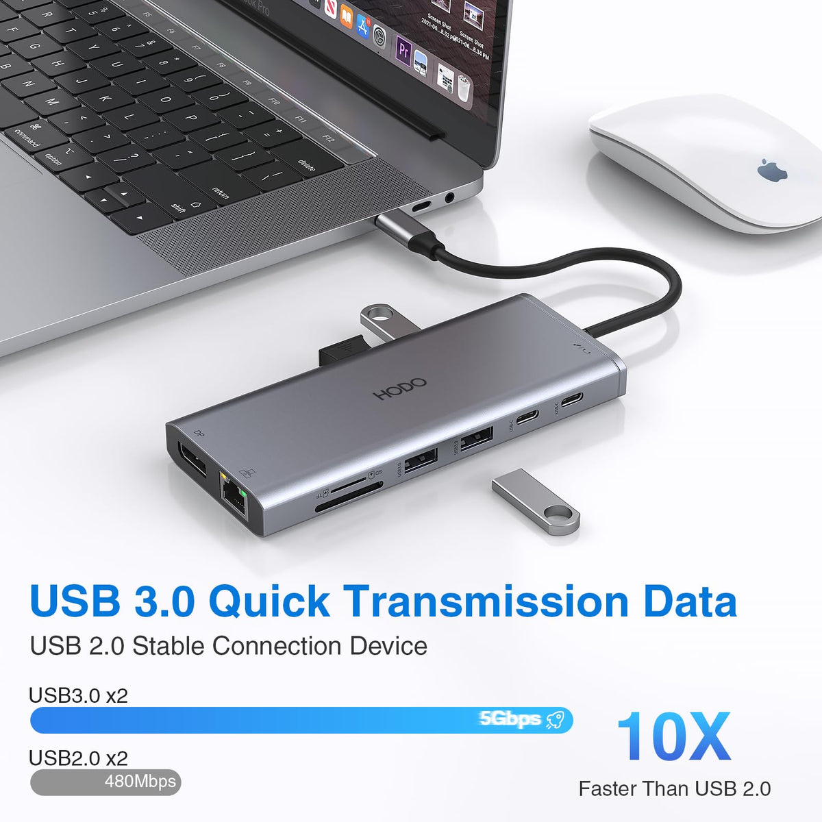 HODO size comparison next to laptop showing compact portable design