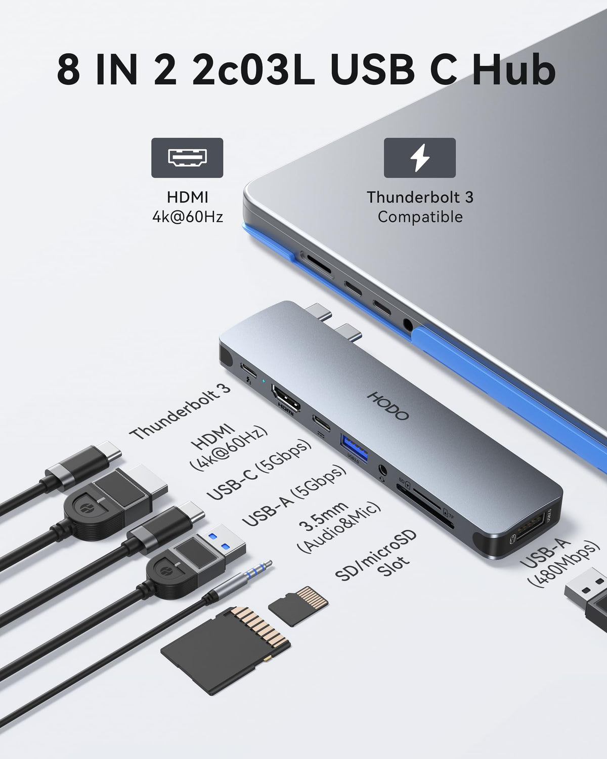HODO USB-C hub includes Thunderbolt 3 port for high-speed data and 5K output.