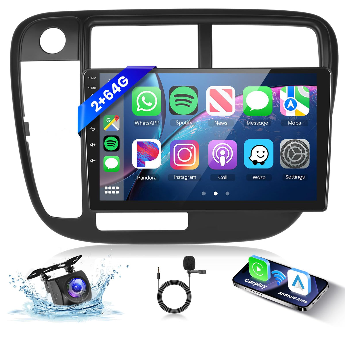 Hodozzy 4Core+64G car radio dashboard view with 9-inch touchscreen for Honda Civic