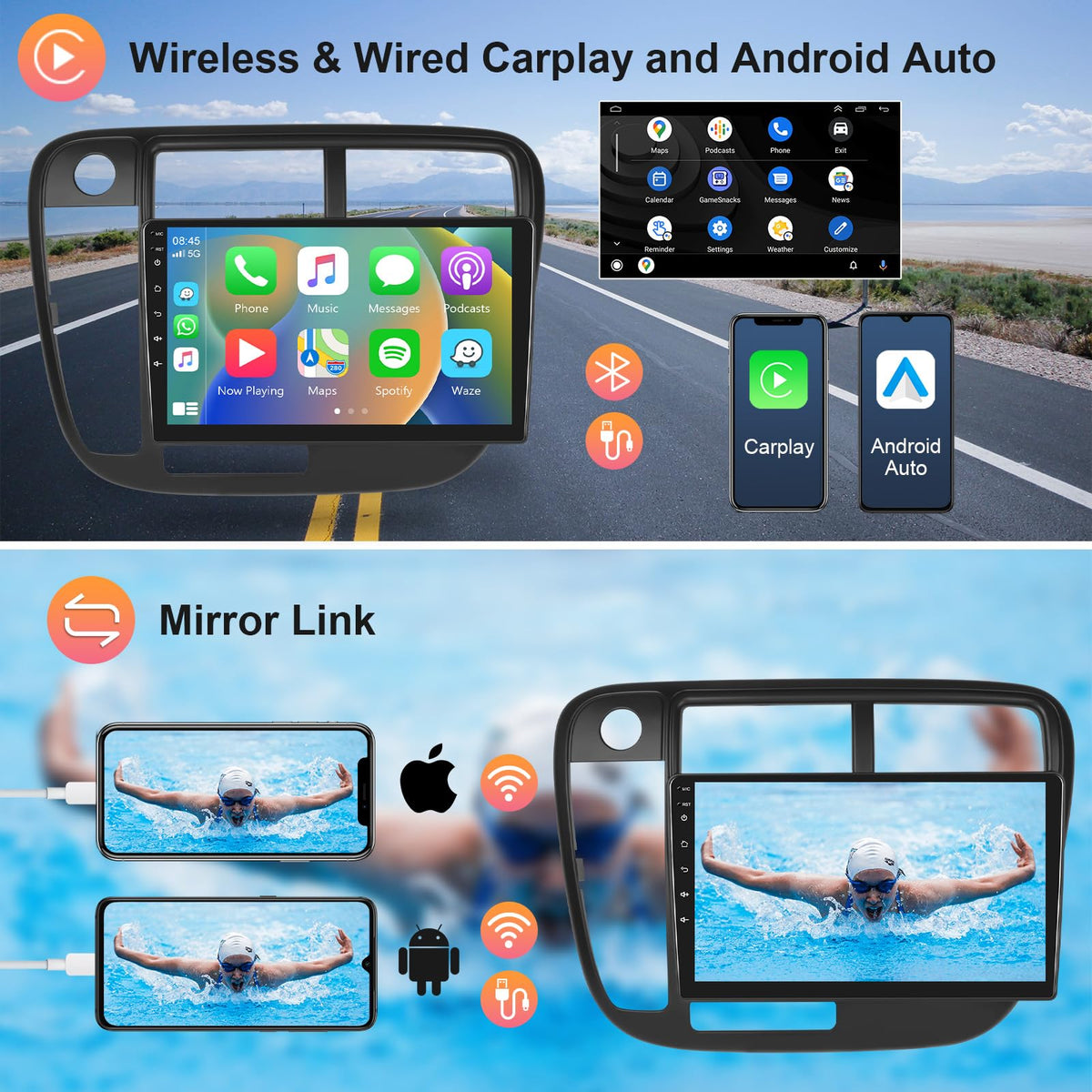 Hodozzy 4Core+64G wireless CarPlay and Android Auto interface on the screen