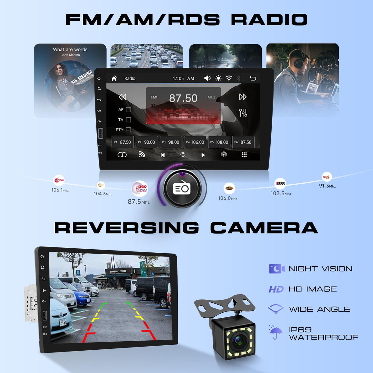Hodozzy FM/AM with RDS shows song titles and station info.