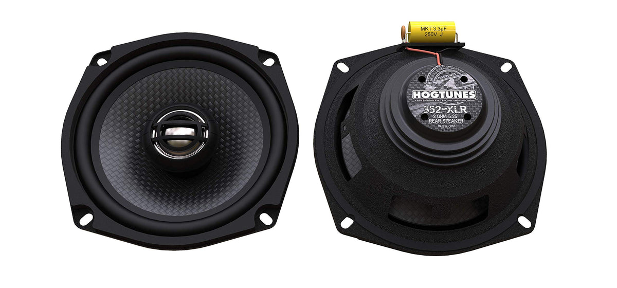 Hogtunes 352-XLR rear speakers installed on a Harley motorcycle.