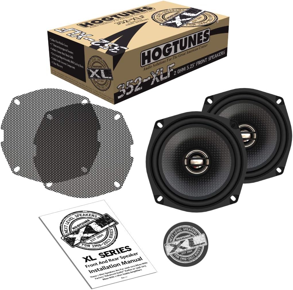Hogtunes 352-XLF front speakers with grills deliver clear sound for Harley-Davidson.