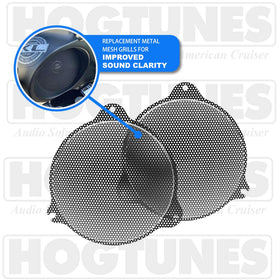 Hogtunes 462F-RM mounted on Harley batwing fairings for clean integration.