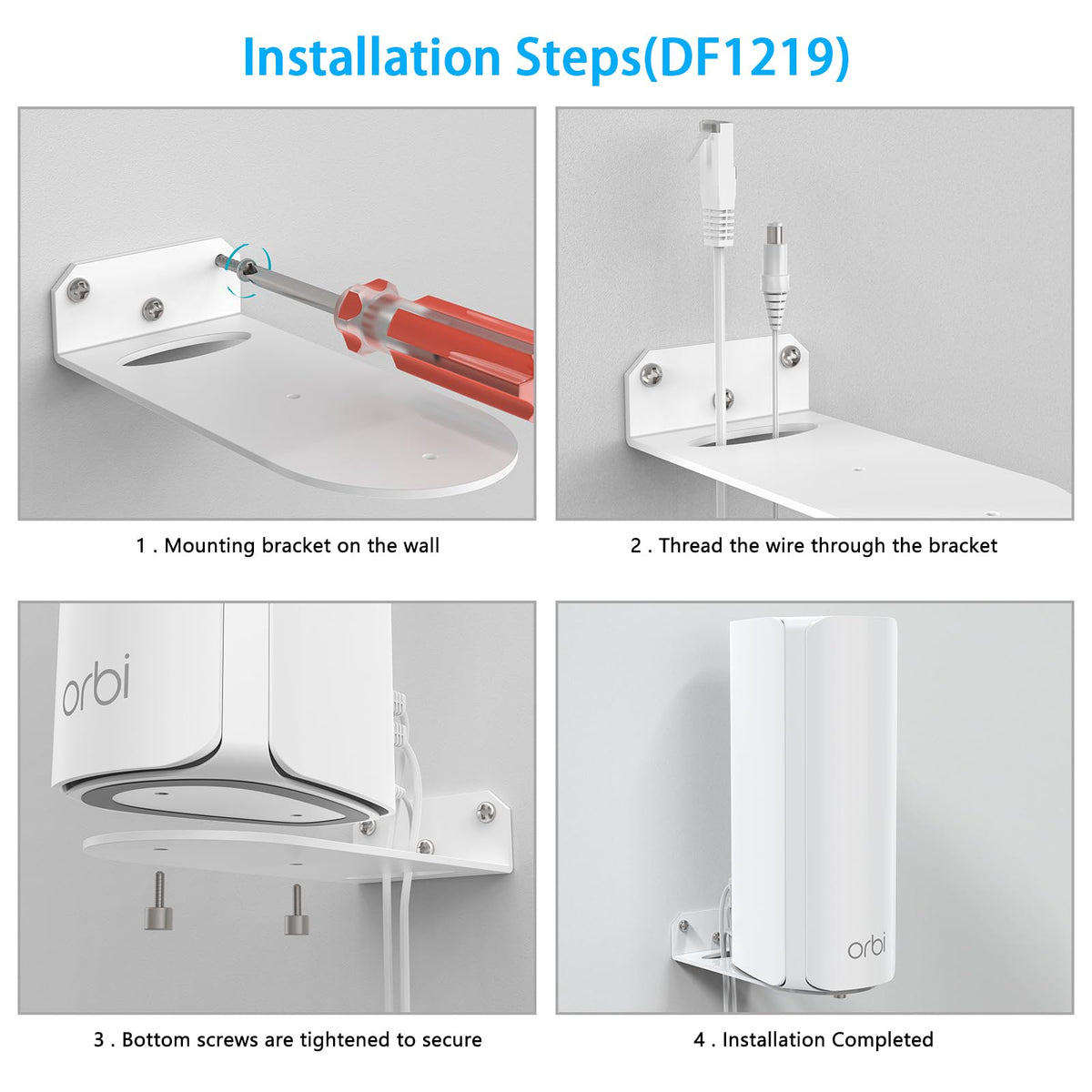 Bracket keeps Orbi units off desks, reducing clutter and improving airflow.