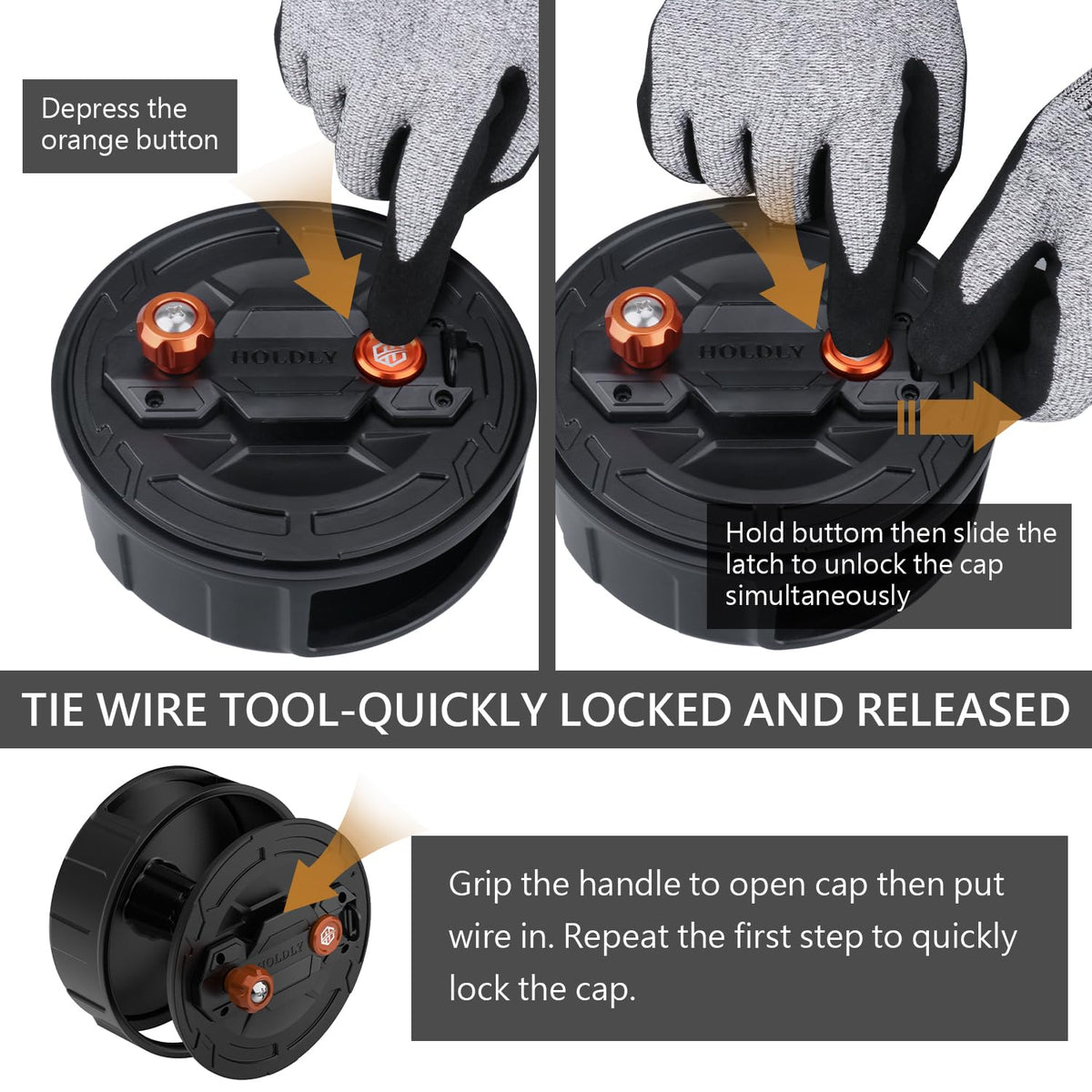 Holdly close-up of quick-lock mechanism preventing wire payout for safer work