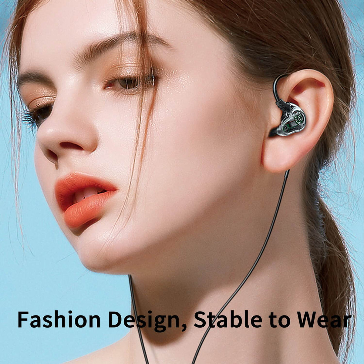 Holiper dual-driver earbuds ear-hook closeup for secure, comfortable fit.