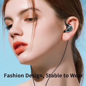 Holiper dual-driver earbuds ear-hook closeup for secure, comfortable fit.