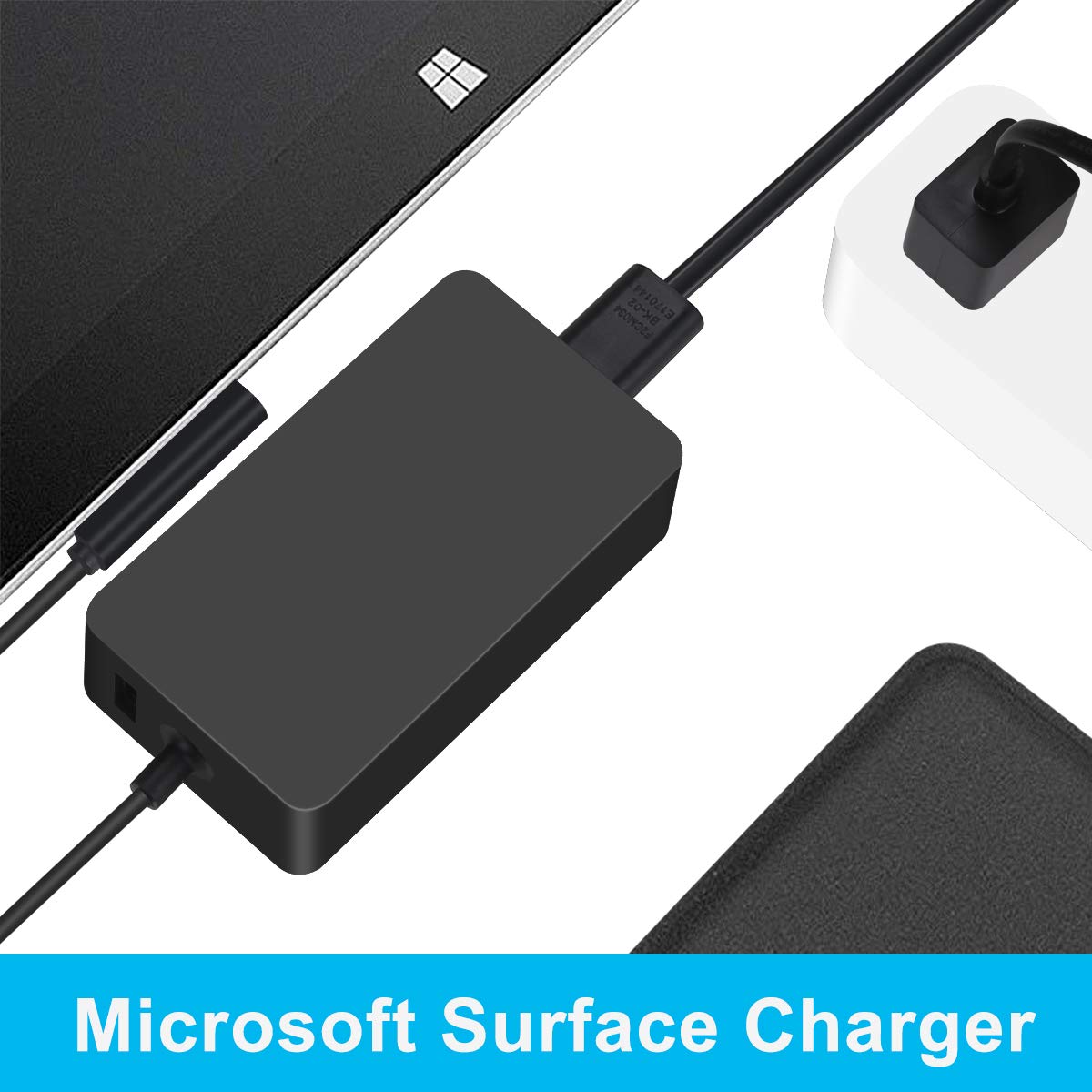 HOME PUFF charger with USB 2.0 port charges a phone alongside Surface.