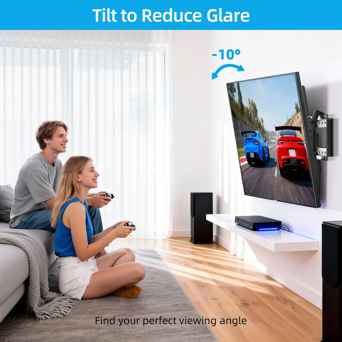 HOME VISION HV9601 tilt adjustment close-up demonstrating 10° angle for reduced glare
