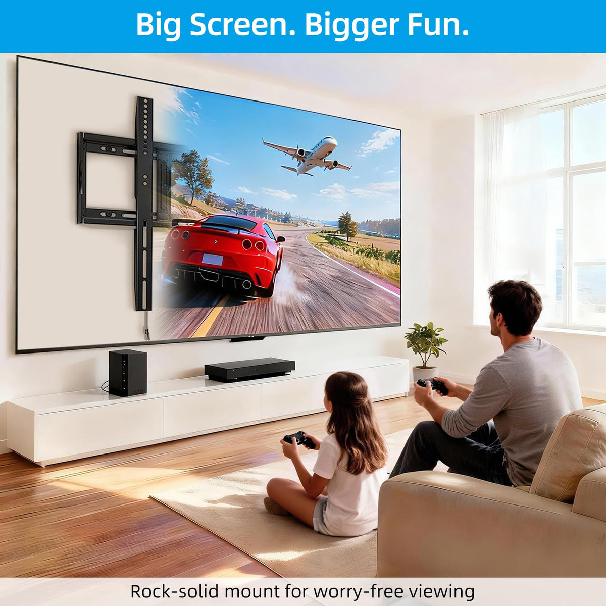 HOME VISION mounted TV in living room demonstrating sleek, space-saving look