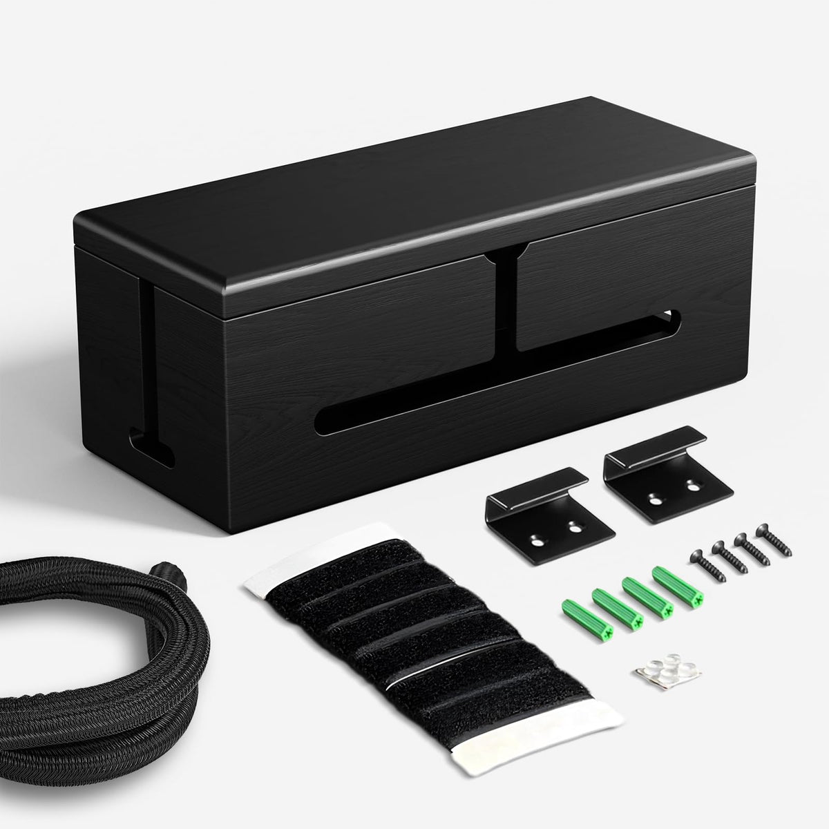 HomeBliss front view of black cable box, neat cord concealment benefit