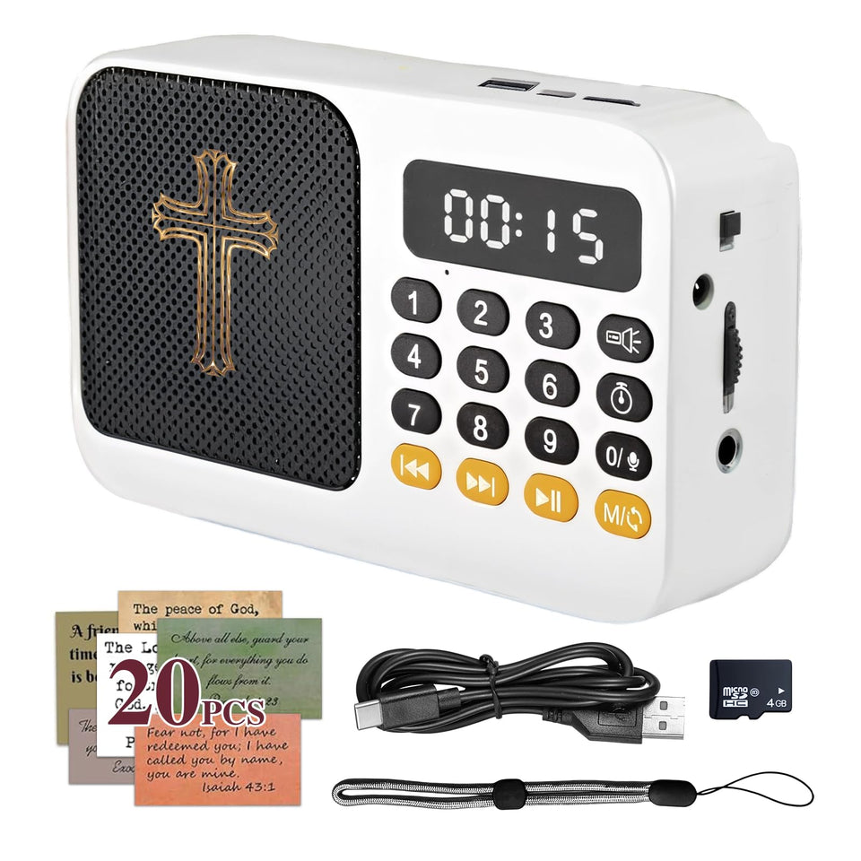 HomeBryllic front view of KJV player showing screen and controls, easy access to Scripture