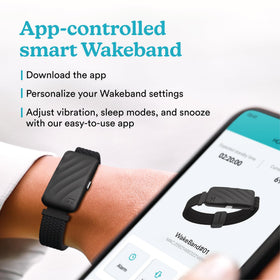 Homedics WakeBand worn on wrist of sleeping person demonstrating silent wake benefit