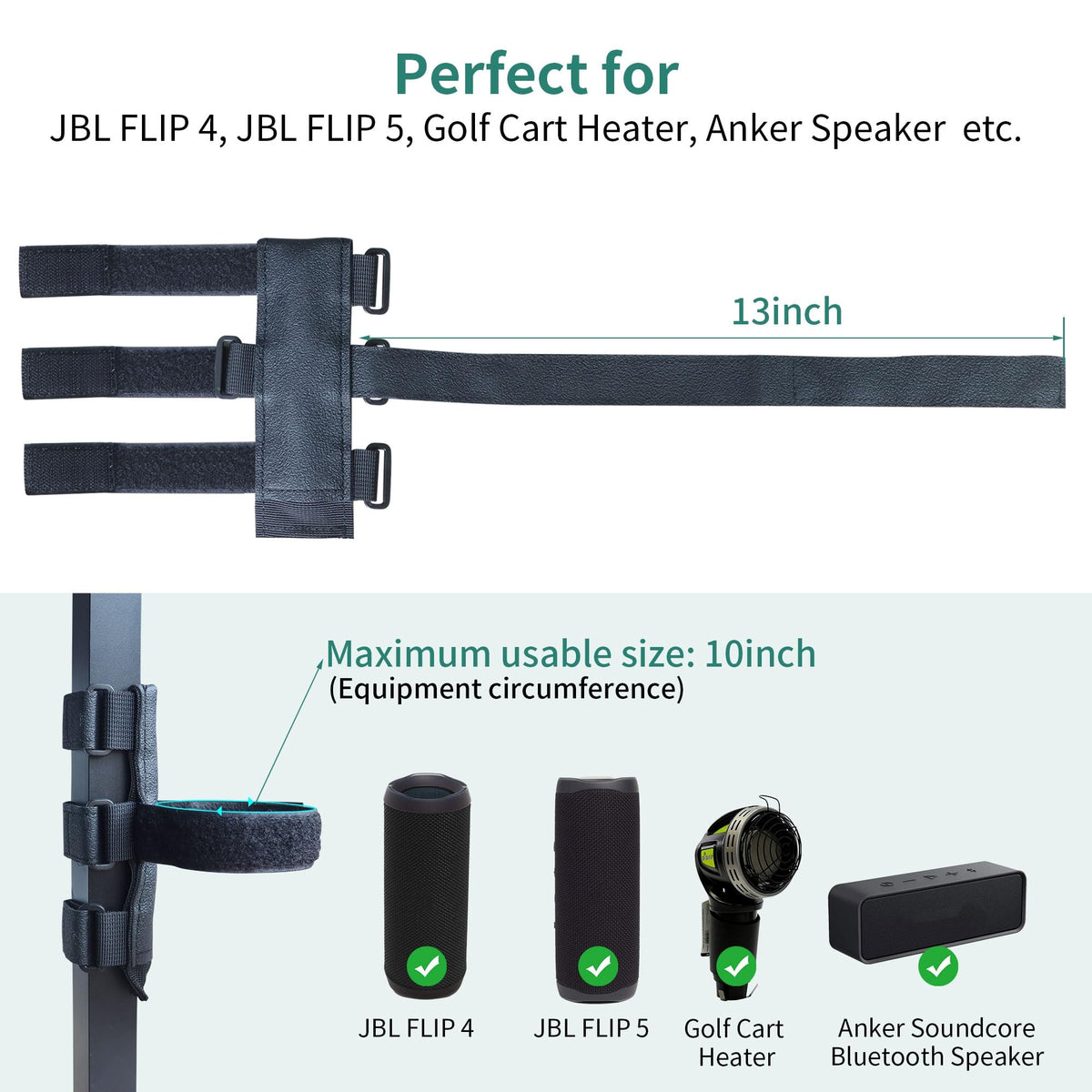 HomeMount adjustable strap wraps around cart rail for quick, tool-free setup
