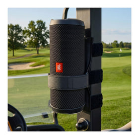 HomeMount portable speaker mount on golf cart strap keeps music secure on the course