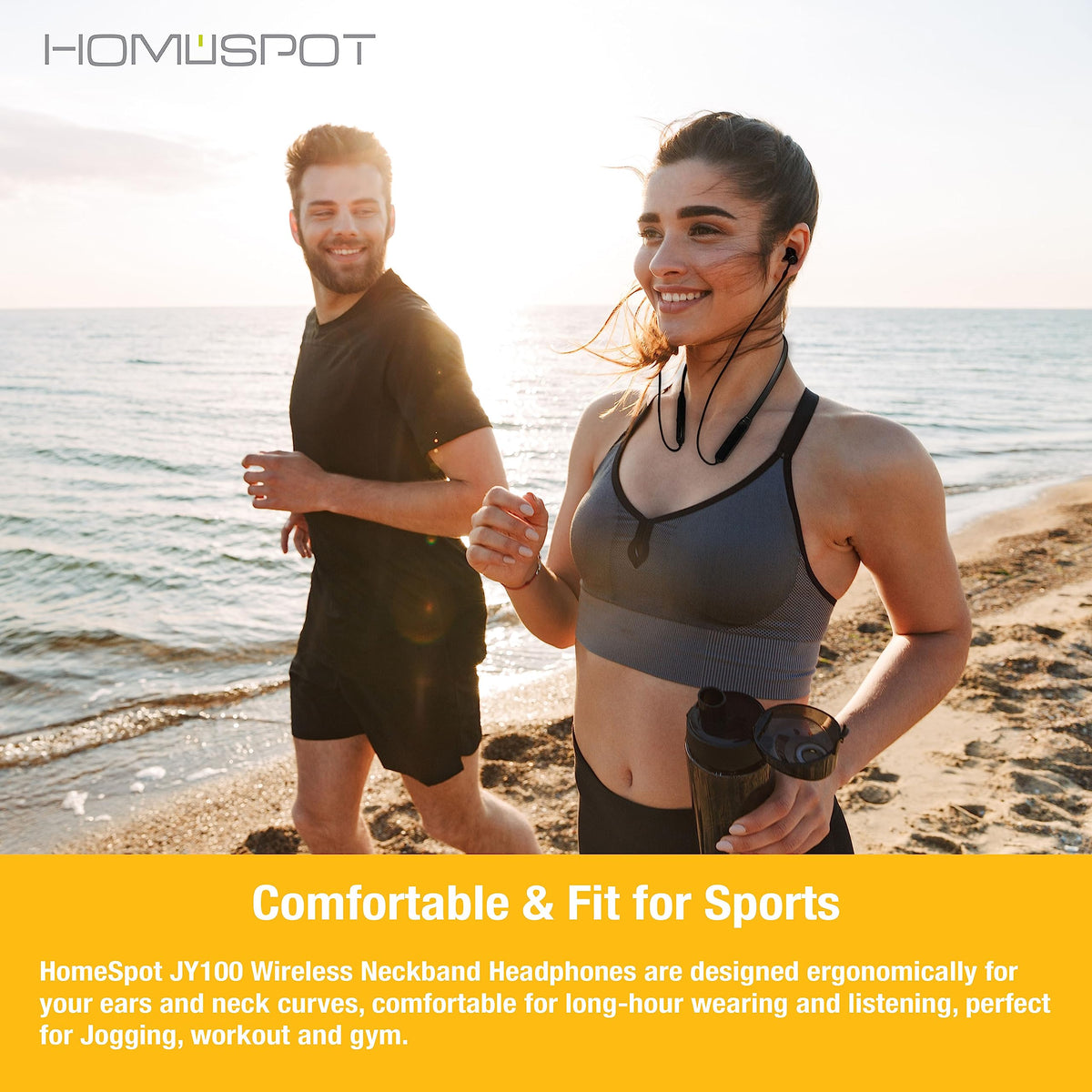 HomeSpot neckband earbuds show 20 hours of playback for all-day listening.