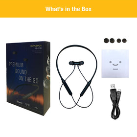 HomeSpot neckband earbuds beside a compact carrying case for portability.