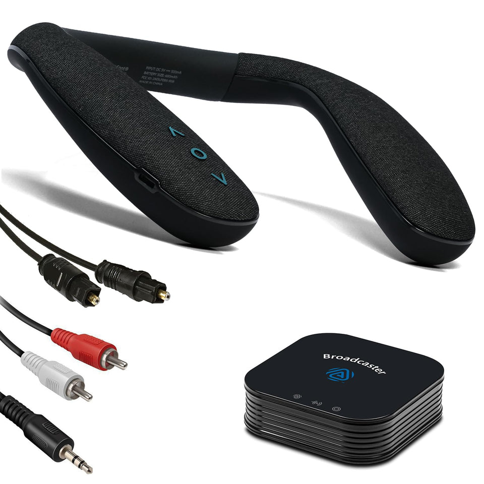 HomeSpot BA210 v2 Auracast transmitter shown in a clean home setup for wireless TV audio