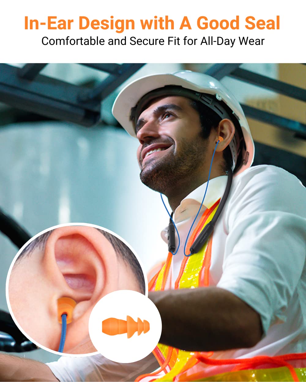 HomeSpot earbuds in use at a worksite demonstrating protection and clear audio