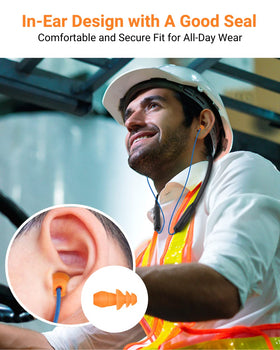 HomeSpot earbuds in use at a worksite demonstrating protection and clear audio