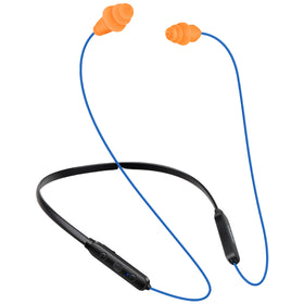 HomeSpot neckband front view showing blue wire orange earbuds for visible safe wear