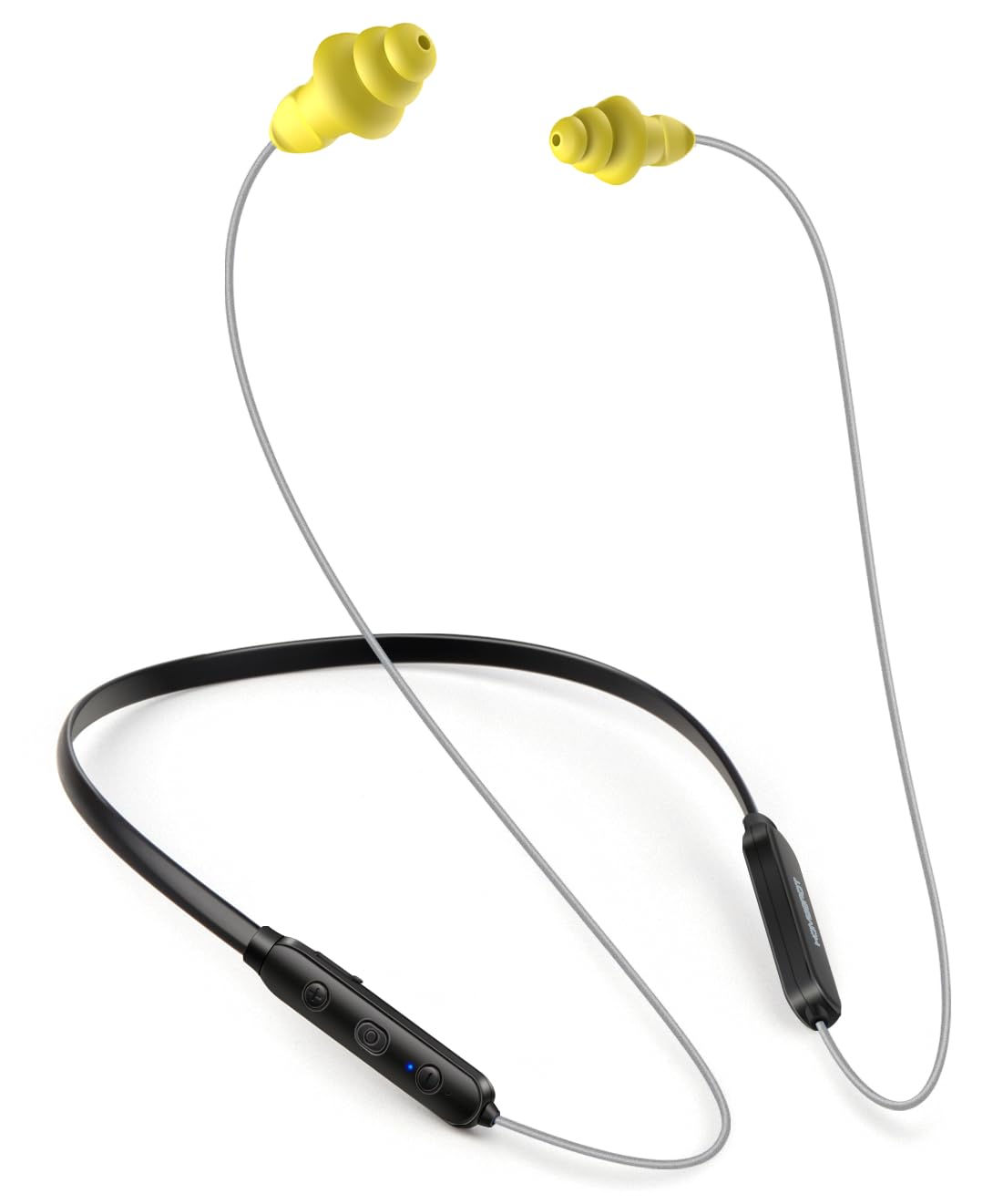 HomeSpot front view neckband headphones showing gray band and yellow earbuds, comfortable fit benefit