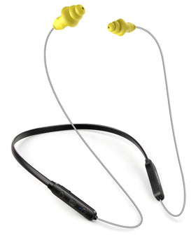 HomeSpot front view neckband headphones showing gray band and yellow earbuds, comfortable fit benefit