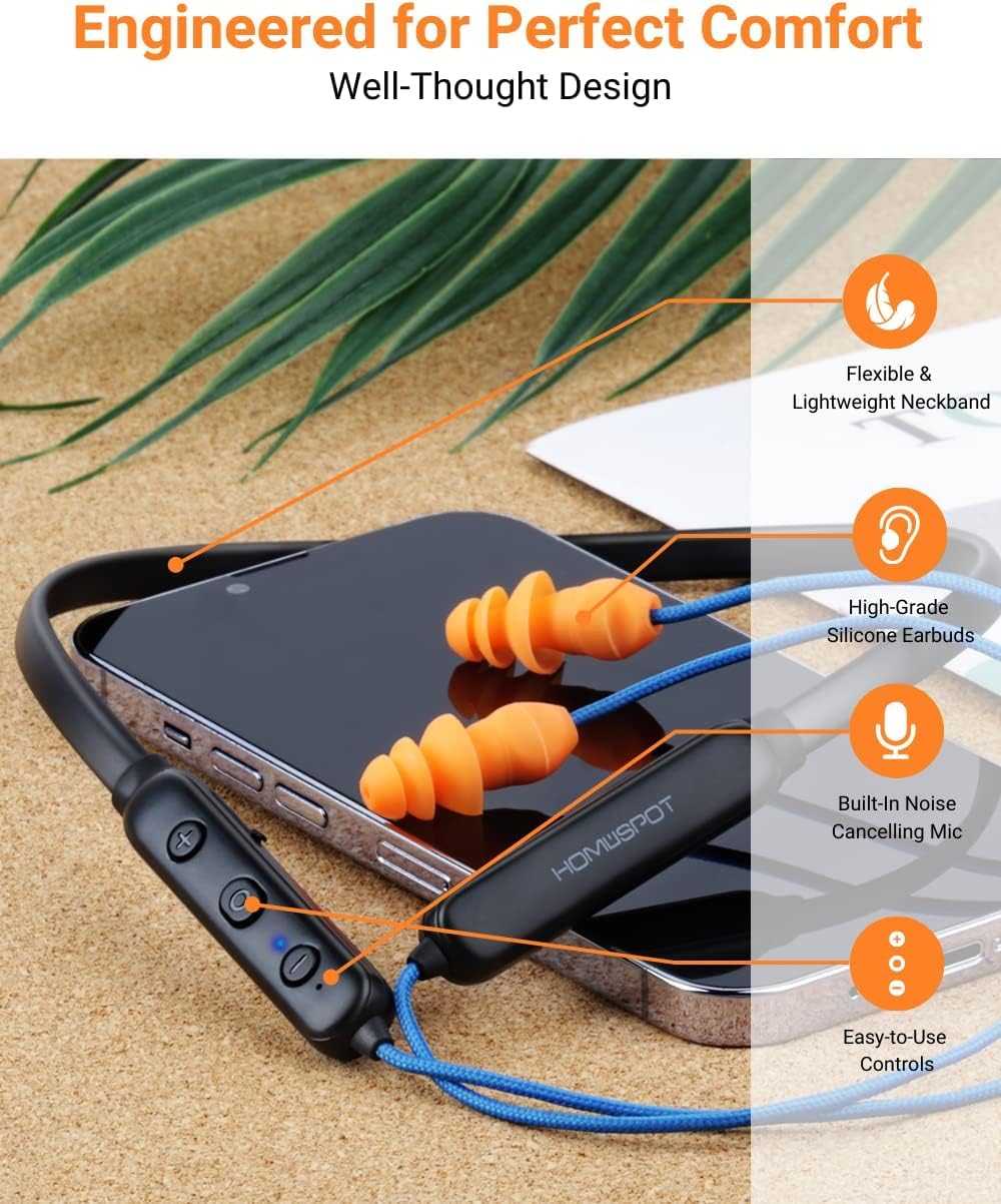 HomeSpot neckband worn by a worker showing hearing protection and hands-free listening